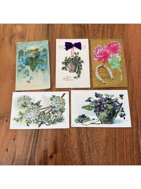 Lot of 5 Antique Floral & Holiday Postcards Glitter Accents Horseshoe Roses 1908